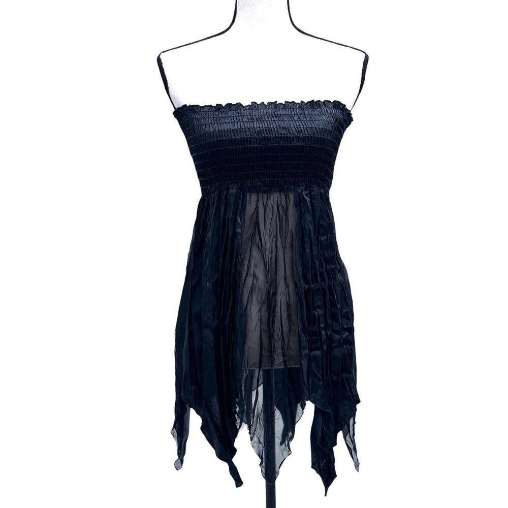 JUS ORANGE  BLACK SMOCKED SLEEVELESS FLOWY PANELED BOTTOM SEMI SHEER TOP
